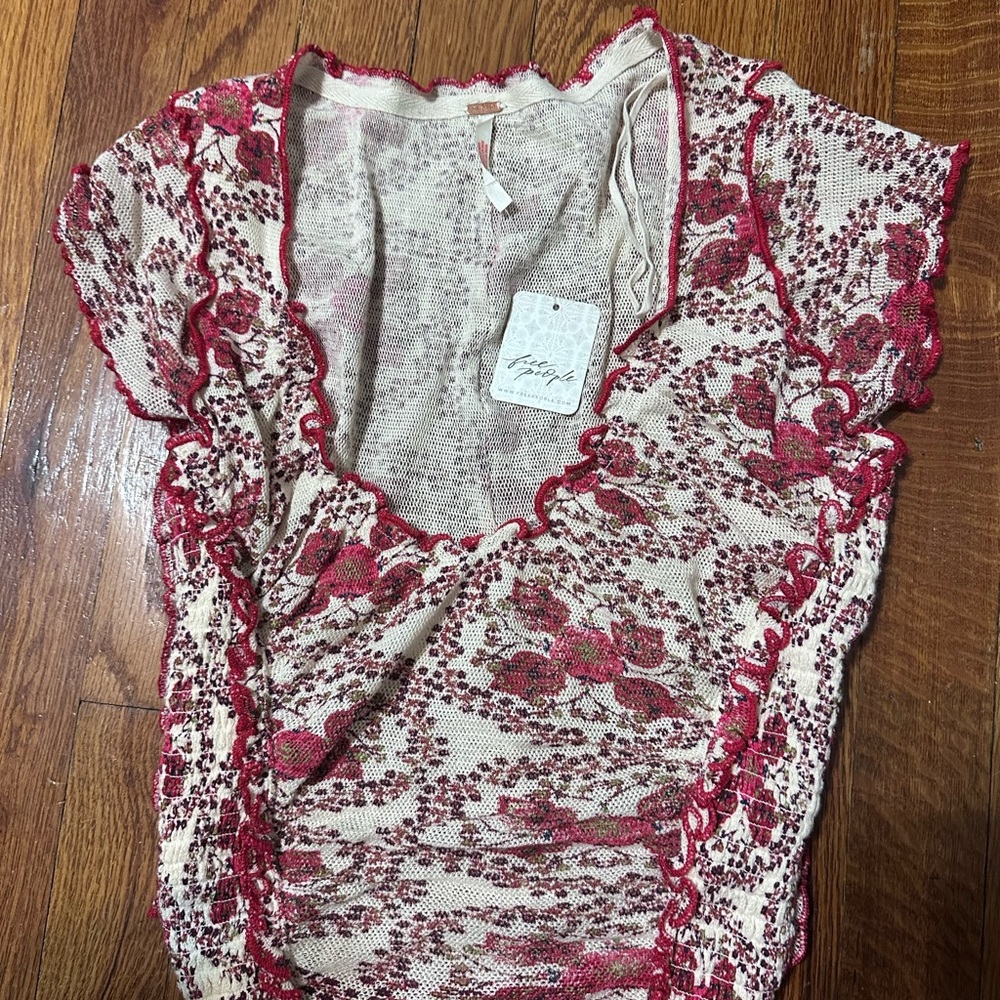 Free People Red Floral Lace Top